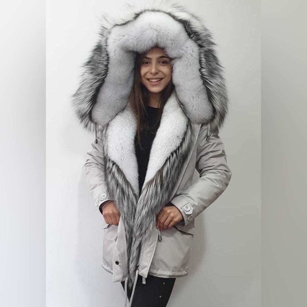SANSAR Womens Light Beige/Gray Coat with Real Fur Trim